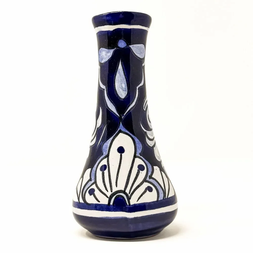 Vintage Talavera Pottery Bud Vase Blue White Hand Painted Mexican Folk Art 6.5”